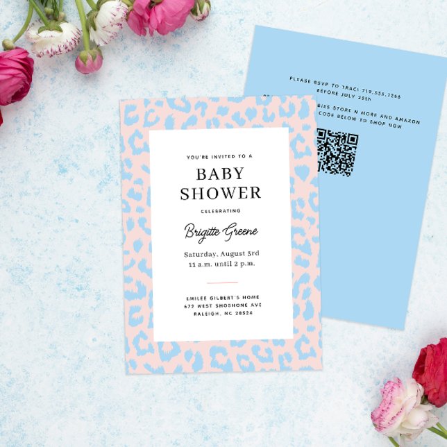 Pink and Blue Gender Reveal Leopard Baby Shower Invitation (pastel pink and blue leopard print gender reveal baby shower invitation)