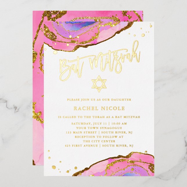 Pink and Blue Geode with Gold | Bat Mitzvah (Front/Back)