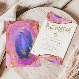 Pink and Blue Geode with Gold   Bat Mitzvah Invitation