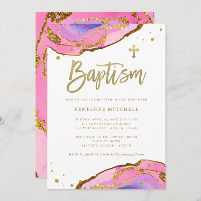 Pink and Blue Geode with Gold Cross | Baptism Invitation (Front/Back)