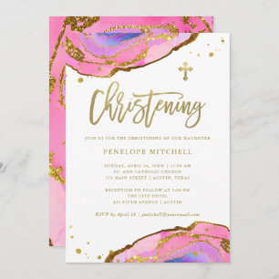 Pink and Blue Geode with Gold Cross   Christening Invitation
