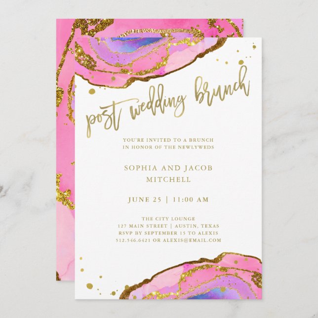 Pink and Blue Geode with Gold Post Wedding Brunch Invitation (Front/Back)