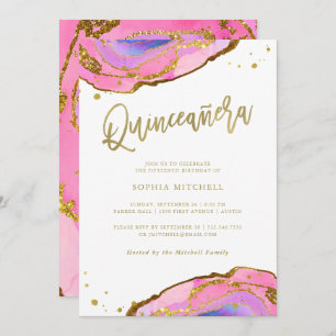 Pink and Blue Geode with Gold   Quinceanera Invitation