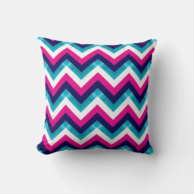 Pink and Blue Geometric Chevron Pattern Cushion (Front)