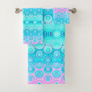 Pink and Blue Geometric Flowers Bath Towel Set