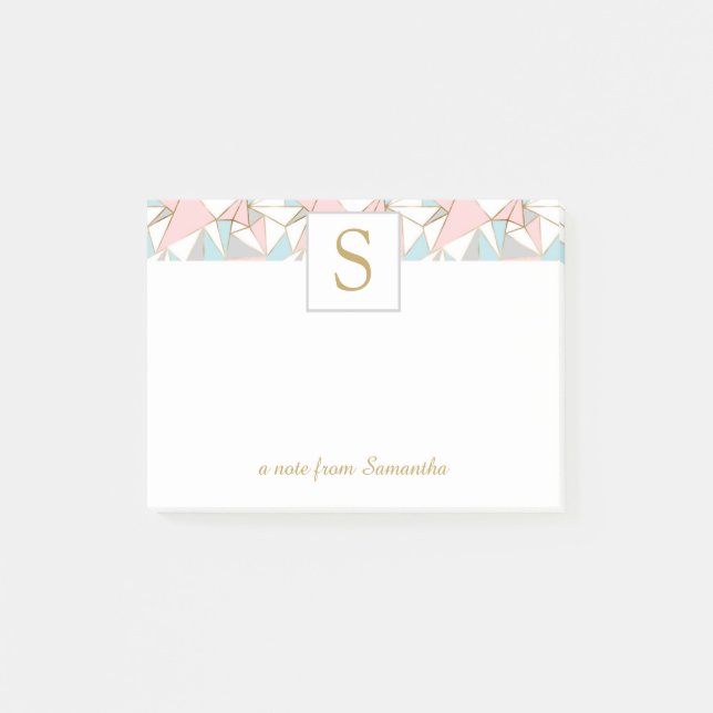 Pink and Blue Geometric Triangle Pattern Monogram Post-it Notes (Front)