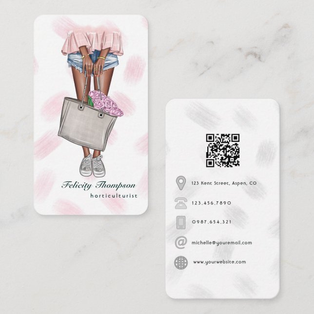 Pink and Blue Girly Horticulturist QR Code Business Card (Front/Back)