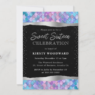 Pink and Blue Glitter Mermaid Scales Sweet 16 Invitation