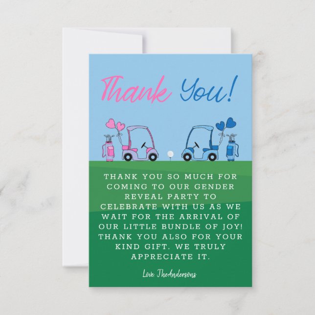 Pink and Blue Golf Gender Reveal Party  Thank You Card (Front)