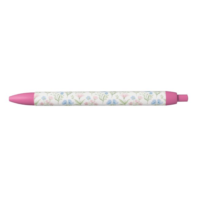 Pink and Blue Grandmillennial Floral Black Ink Pen (Front)