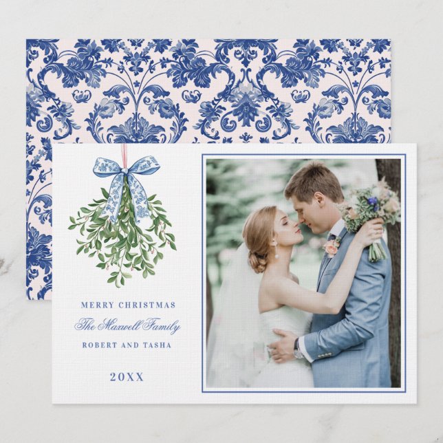 Pink and Blue Grandmillennial Mistletoe Invitation (Front/Back)