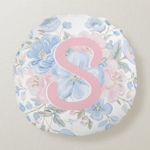 Pink and Blue Grandmillennial Reversible Monogram Round Cushion