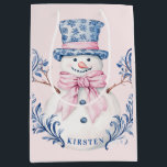 Pink and Blue Grandmillennial Snowman Medium Gift Bag<br><div class="desc">This Christmas design has a preppy grandmillennial design featuring a Snowman with a blue hat and a pink bow. You can personalise with a name.</div>