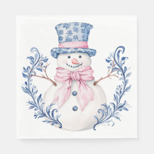 Pink and Blue Grandmillennial Snowman Napkin