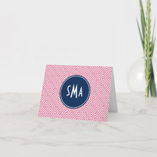 Pink and Blue Greek Key Pattern Monogram Note Card