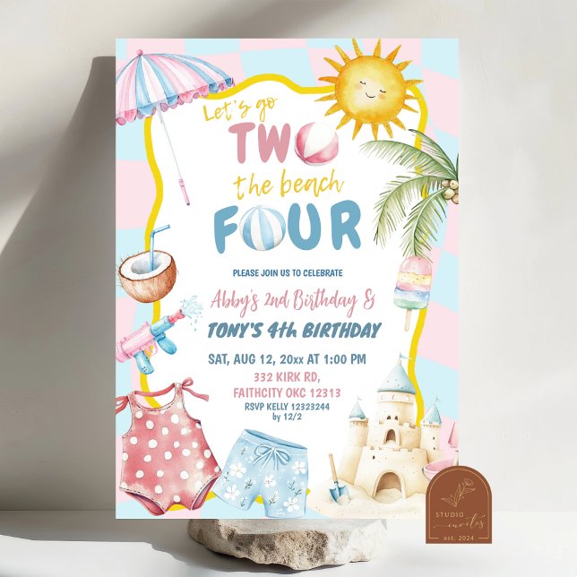 Pink and Blue Groovy Pastel Sibling Beach Birthday Invitation (Creator Uploaded)