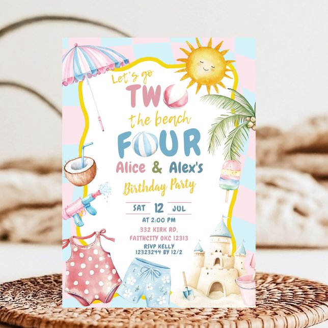 Pink and Blue Groovy Pastel Sibling Beach Party  Invitation (Creator Uploaded)