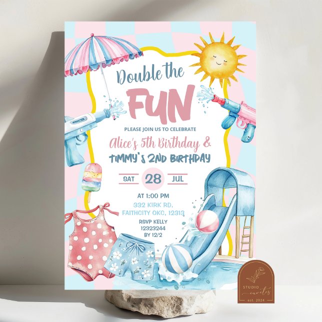 Pink and Blue Groovy Pastel Sibling Pool Birthday Invitation (Creator Uploaded)
