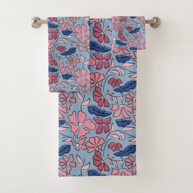 Pink and Blue Hand Drawn Floral Block Print Bath Towel Set (Insitu)