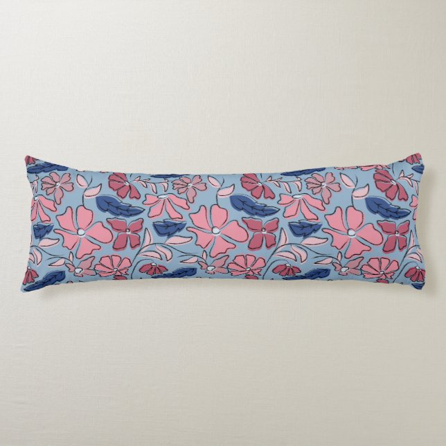 Pink and Blue Hand Drawn Floral Block Print Body Cushion (Front)