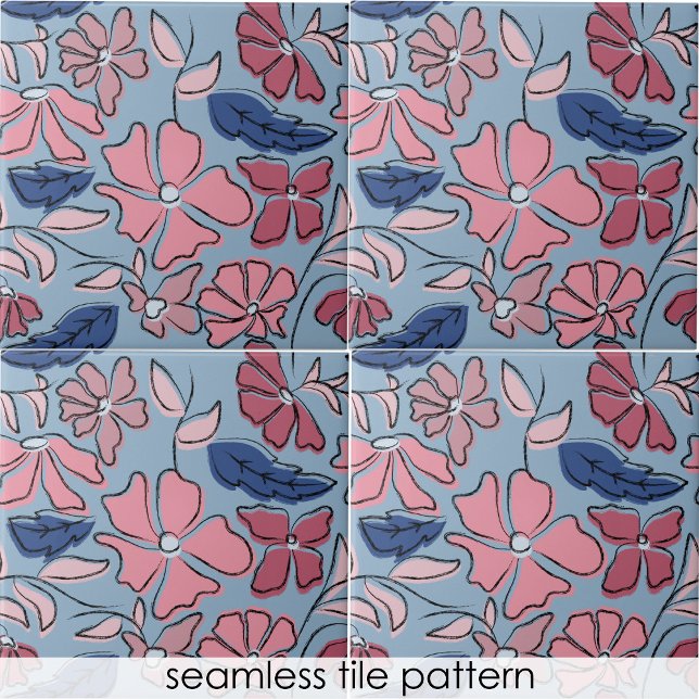 Pink and Blue Hand Drawn Floral Block Print Ceramic Tile (Pink and Blue Hand Drawn Floral Block Print Ceramic Tile)