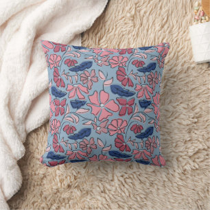 Pink and Blue Hand Drawn Floral Block Print Cushion