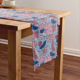 Pink and Blue Hand Drawn Floral Block Print Short Table Runner