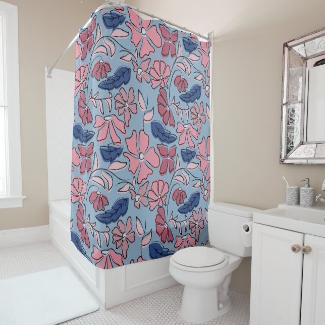 Pink and Blue Hand Drawn Floral Block Print Shower Curtain (In Situ)