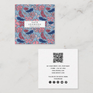 Pink and Blue Hand Drawn Floral Block Print Square Business Card