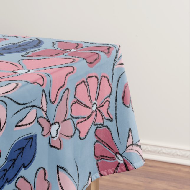 Pink and Blue Hand Drawn Floral Block Print Tablecloth (In Situ)