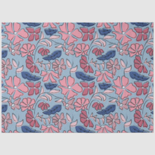 Pink and Blue Hand Drawn Floral Block Print Tissue Paper