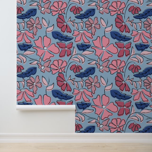 Pink and Blue Hand Drawn Floral Block Print Wallpaper (Application)