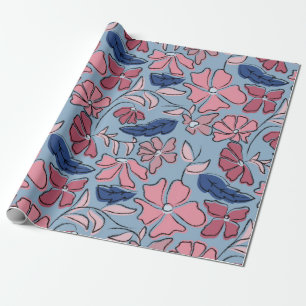 Pink and Blue Hand Drawn Floral Block Print Wrapping Paper