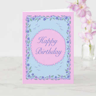 Pink and blue hand-drawn floral Happy Birthday Card