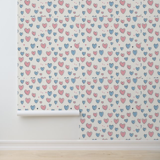 Pink and Blue Hand-Drawn Hearts Pattern Wallpaper (Application)