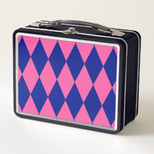 Pink and Blue Harlequin Checkered Design Metal Lunch Box