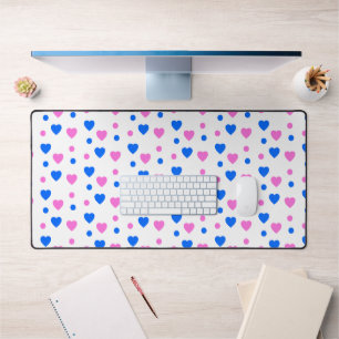Pink and Blue Hearts and Polka Dots Pattern Desk Mat