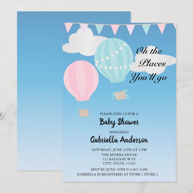 Pink And Blue Hot Air Balloon Baby Shower Invitation (Front/Back)