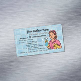 Pink and Blue Housekeeper House Cleaning Services Magnetic Business Card