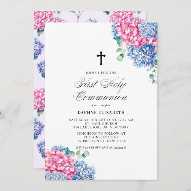 Pink and Blue Hydrangeas First Holy Communion Invitation (Front/Back)