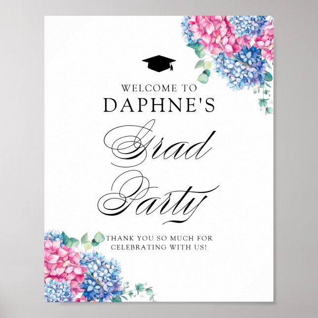 Pink and Blue Hydrangeas Graduation Party Welcome Poster (Front)