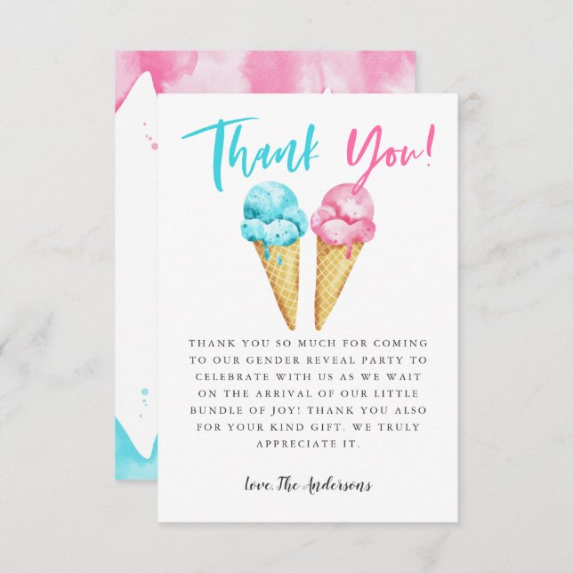 Pink and Blue Ice Cream Gender Reveal Party Thank You Card (Front/Back)