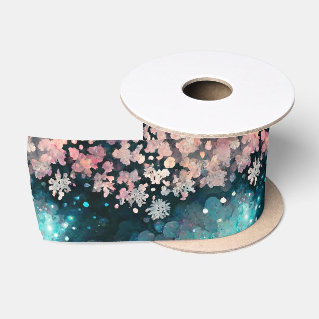 Pink and Blue Icy Snowflake Repeating Pattern Satin Ribbon (Spool)