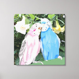 Pink and Blue Kissing Budgies and Angel Trumpets Canvas Print