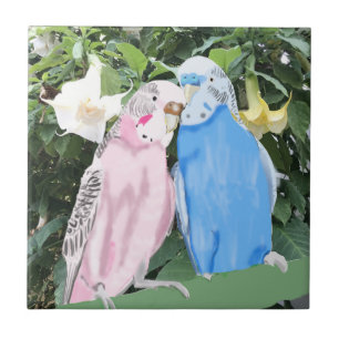 Pink and Blue Kissing Budgies and Angel Trumpets Ceramic Tile