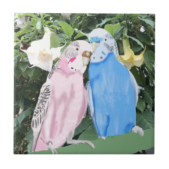 Pink and Blue Kissing Budgies and Angel Trumpets Ceramic Tile (Front)