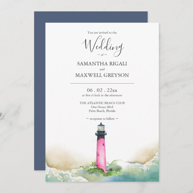 Pink and Blue Lighthouse Beach Destination Wedding Invitation (Front/Back)