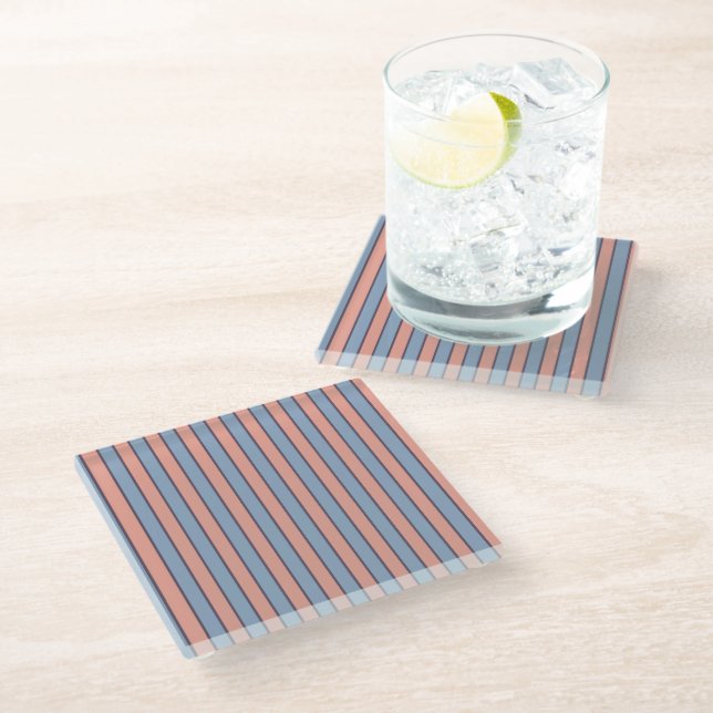 Pink and blue line stripes pattern glass coaster (Angled)
