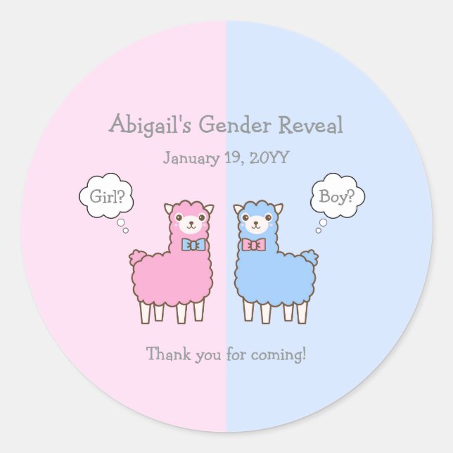 Pink and Blue Llama Gender Reveal Baby Shower Classic Round Sticker (Front)