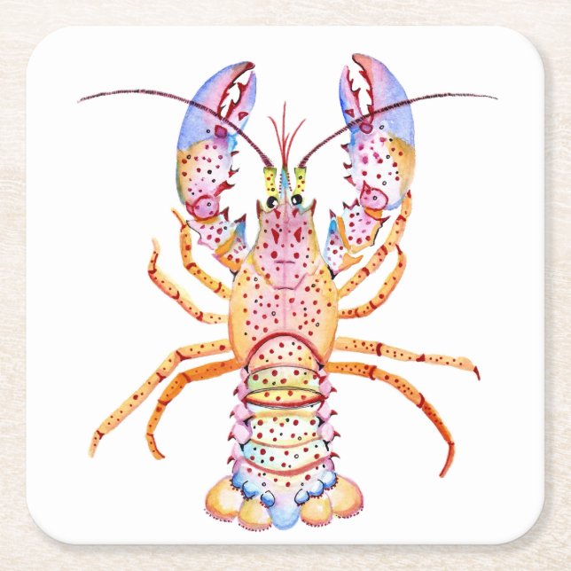 Pink and Blue Lobster Square Paper Coaster (Front)